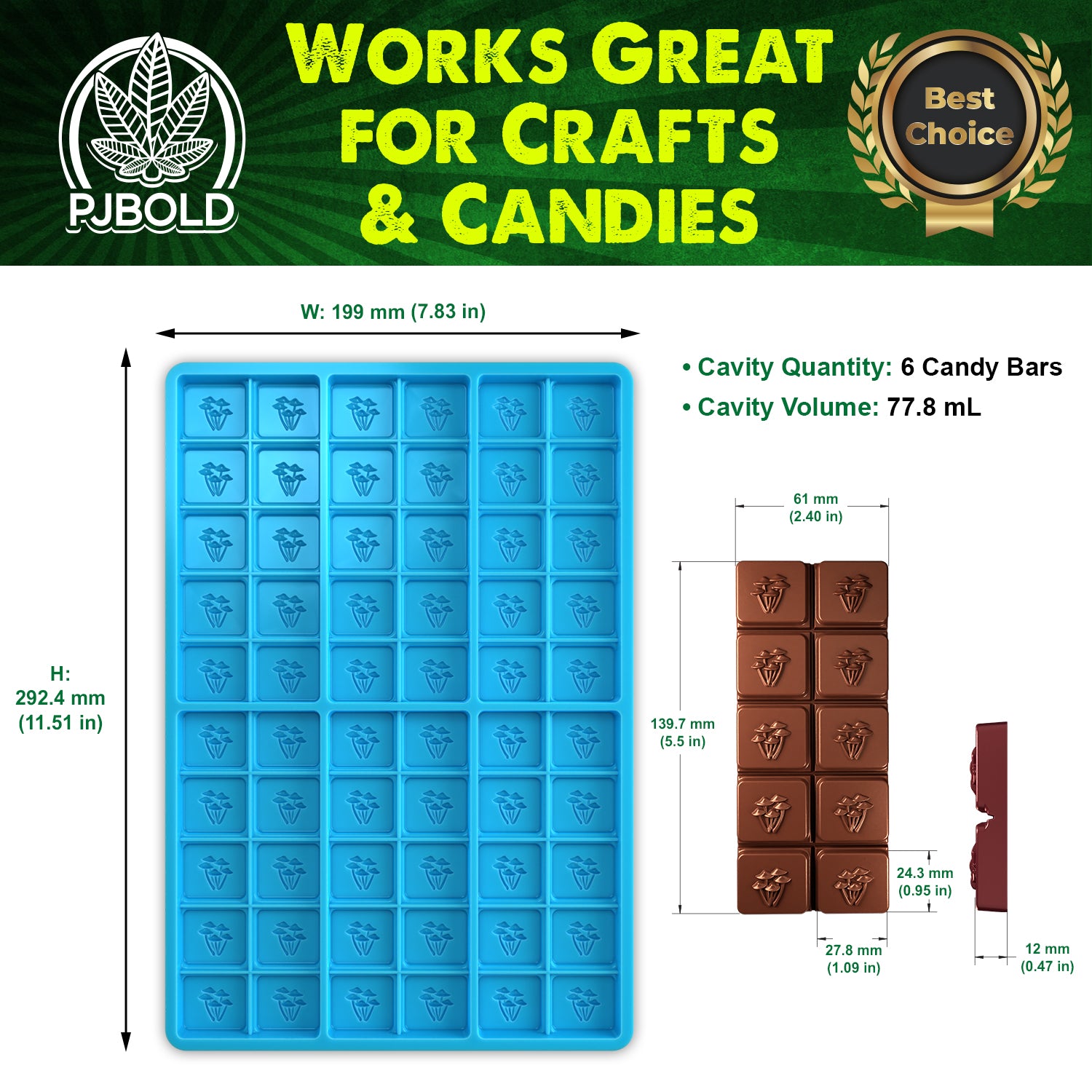 50 mL Mushroom Chocolate Bar Mold - Quarter Sheet Silicone Mold - 6 Bar  Cavities