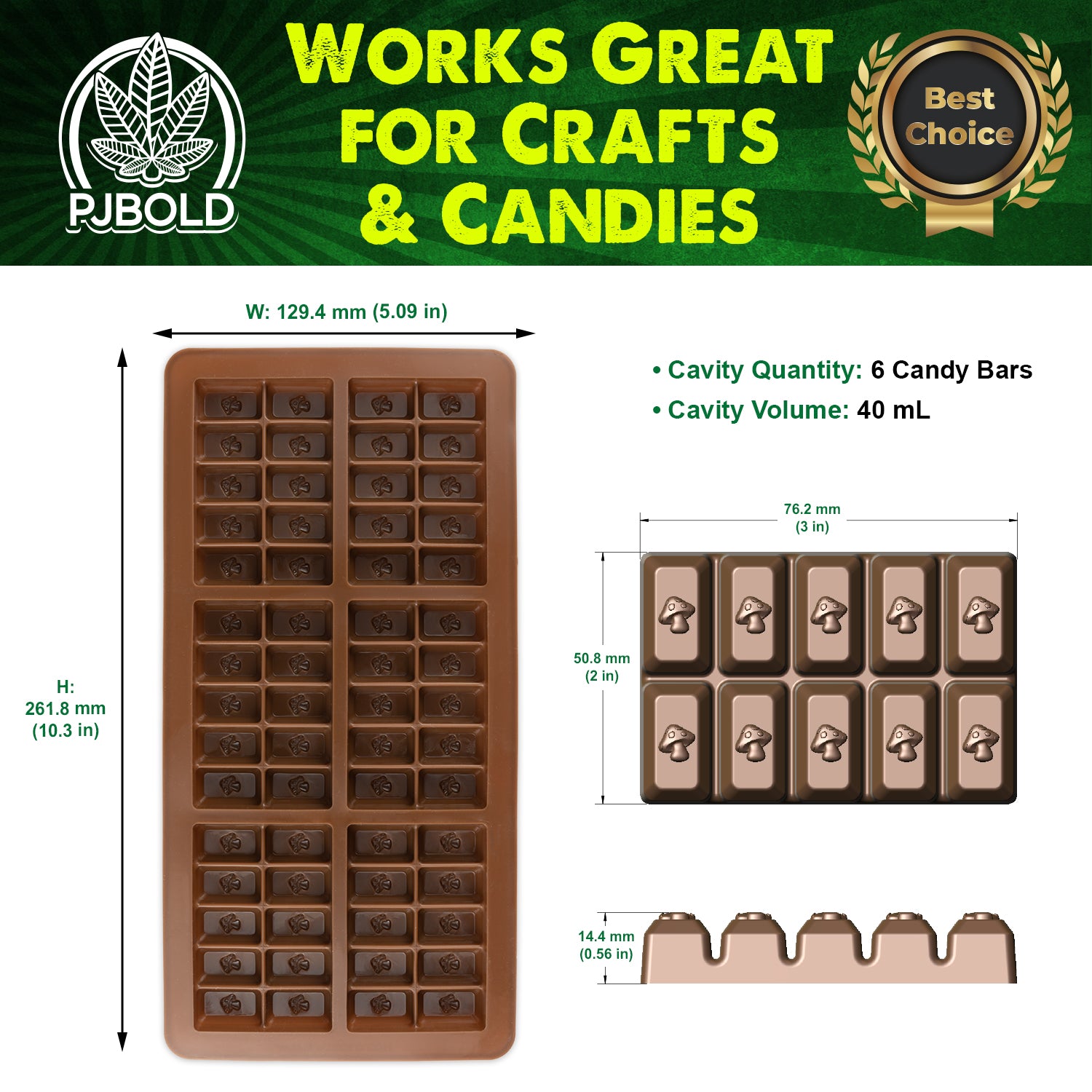 Bandejas de moldes de silicona para caramelos con forma de barra de chocolate y hongos pequeños, paquete de 2
