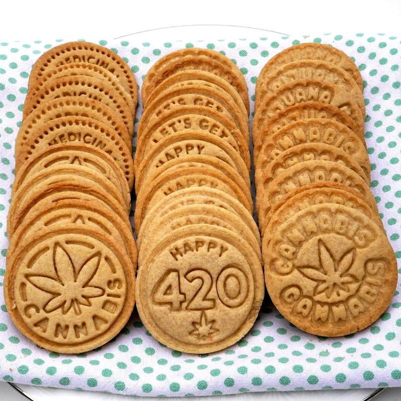 Marijuana Silicone Cookie Stamps, Cookie Cutter, Wood Handle, 6 Stamp Set